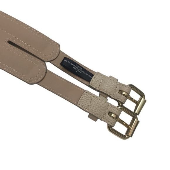 BCBGMAXAZRIA Double Buckle Faux Leather Statement Waist Belt Size M Beige Cream - Picture 4 of 9